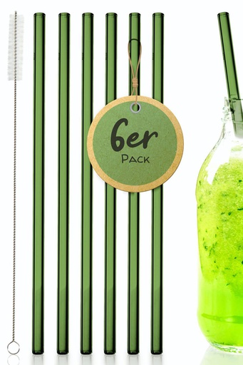 nachhaltige Strohhalme aus stabilem grünem Glas (30cm) – 6er‑Set inkl. Reinigungsbürste